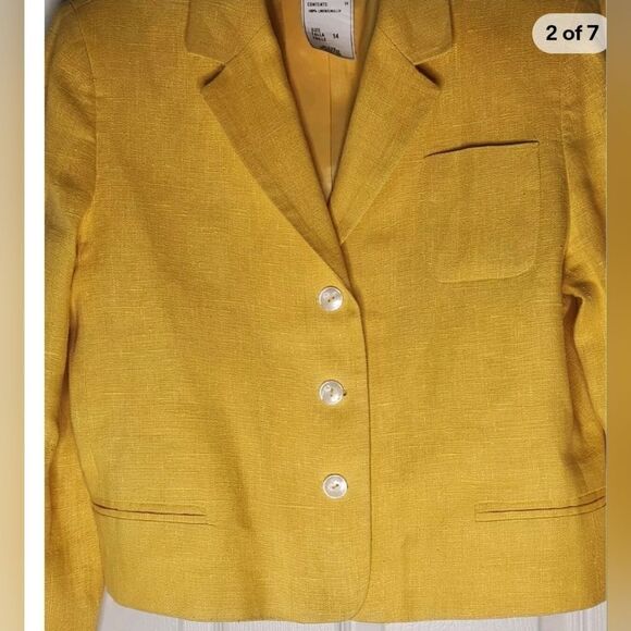 Harve Benard by BenardHolzman 14 Yellow 100%LINENCroppedPocketLined Women Blazer - Picture 2 of 7